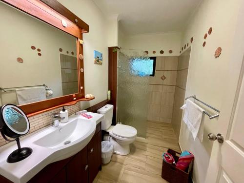 a bathroom with a sink and a toilet and a shower at Karinya in Clifton Beach