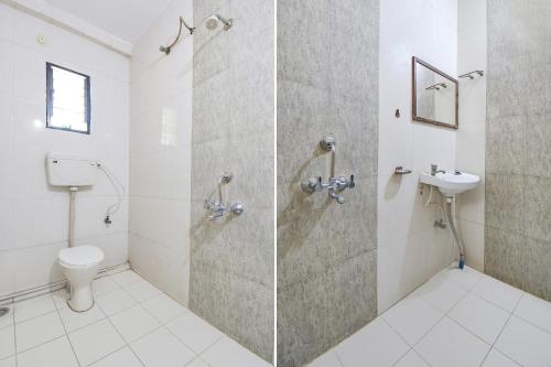 two pictures of a bathroom with a shower and a toilet at FabExpress Yashraj Inn - BJS College in Wagholi