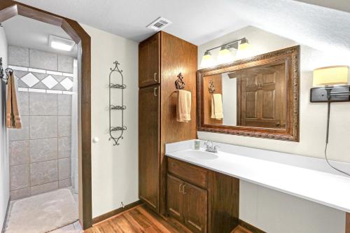 y baño con lavabo, espejo y ducha. en Clutter Falls Retreat- Main House en New Braunfels