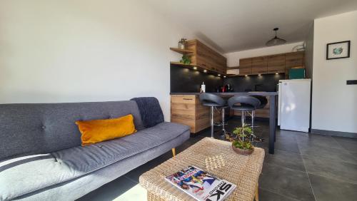 un salon avec un canapé et une cuisine dans l'établissement Le Berceau des Aiguilles - Vue montagne, terrasse - AravisTour, à Saint-Jean-de-Sixt