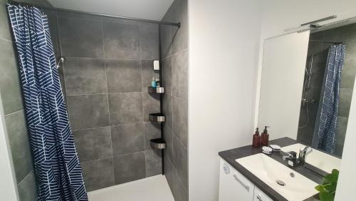 W łazience znajduje się prysznic i umywalka. w obiekcie Le Berceau des Aiguilles - Vue montagne, terrasse - AravisTour w mieście Saint-Jean-de-Sixt