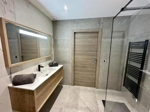 une salle de bain avec un lavabo, un miroir et une douche dans l'établissement Cosy Appartement Sari Solenzara, Jacuzzi, à Sari-Solenzara