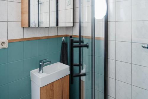 a bathroom with a sink and a glass shower at Waldstübchen Quedlinburg in Quedlinburg