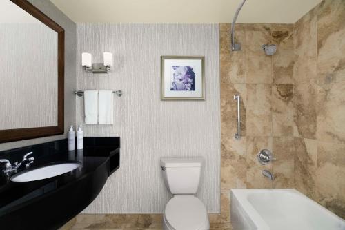 een badkamer met een toilet, een wastafel en een douche bij Hilton Garden Inn Calgary Airport in Calgary