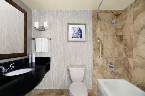 a bathroom with a toilet and a sink and a shower at Hilton Garden Inn Calgary Airport in Calgary