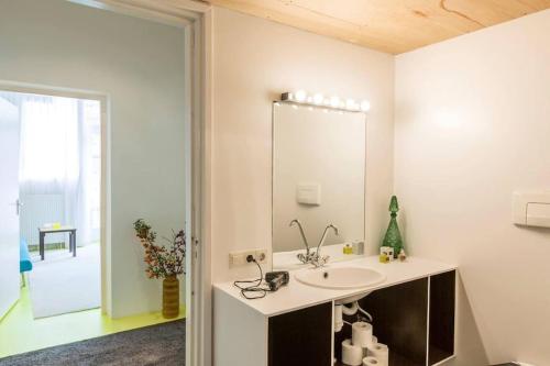 ein Bad mit einem Waschbecken und einem Spiegel in der Unterkunft Westerpark Loft, private studio in Amsterdam
