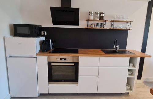 een keuken met een witte koelkast en een wastafel bij Dream Apartments 1B in Oświęcim