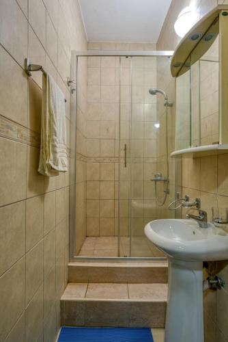 a bathroom with a glass shower and a sink at The view villa in Petrovac na Moru