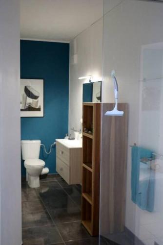 a bathroom with a toilet and a glass shower at 34 ° soley. in Case-Pilote