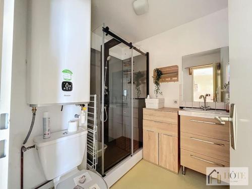 une salle de bain avec douche et lavabo dans l'établissement Le Maeva -Vue Mer 3e Étage, à Bray-Dunes