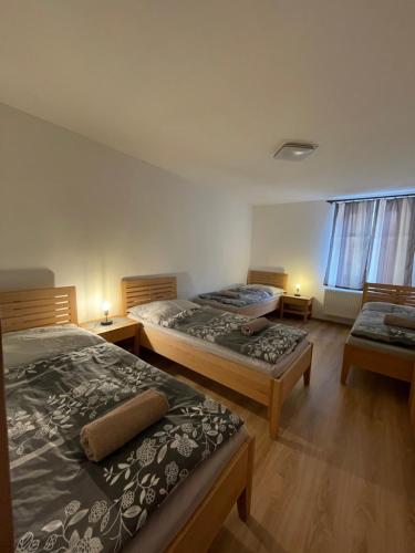 une chambre avec deux lits, deux tables et une fenêtre dans l'établissement Apartmán Kameňák, à Vimperk