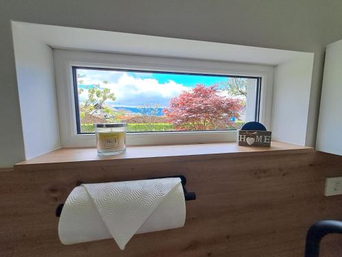 a window with a roll of paper towels and a candle at Bella Apartment in Žirovnica