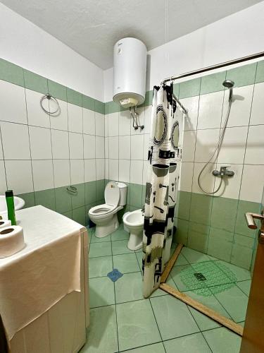 a bathroom with a shower with a toilet and a sink at Apartment Ermest ,Kavaje Rock in Durrës