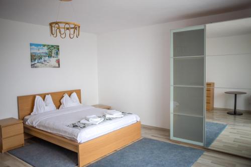 a bedroom with a bed and a glass wall at Olimp 35 in Olimp