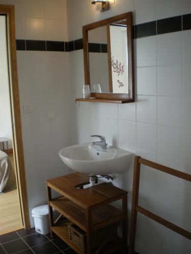 une salle de bain avec un lavabo et un miroir dans l'établissement Résidence de l'Espérance, à La Forêt-Fouesnant