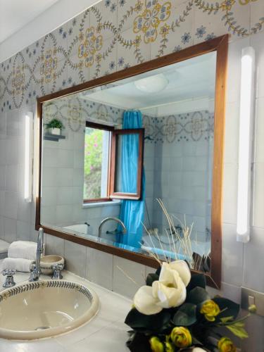 a bathroom with a sink and a large mirror at Villa del Monte di Cocco in Massarosa