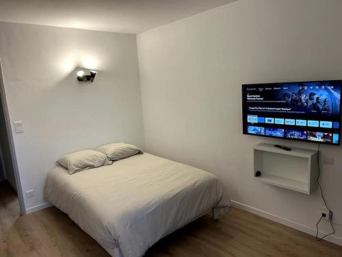 1 dormitorio con 1 cama y TV de pantalla plana en Studio Occitanie-Hopitaux-Facultés, en Montpellier