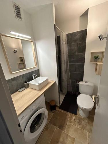 une salle de bain avec machine à laver et toilettes dans l'établissement Studio Occitanie-Hopitaux-Facultés & Parking gratuit, à Montpellier