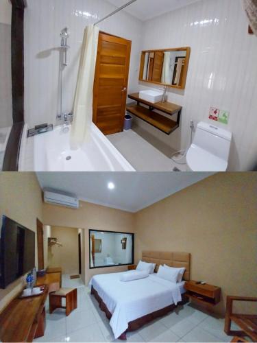 two pictures of a hotel room with a bed and a bathroom at Villagio Hotel in Pameungpeuk