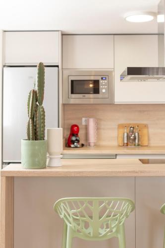 a kitchen with a counter with a green chair and a cactus at Apartamentos Martalia Áticos Deluxe in Ronda
