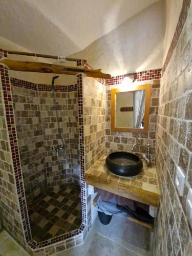 a bathroom with a black toilet and a shower at Studio au cœur du Verdon in La Palud sur Verdon