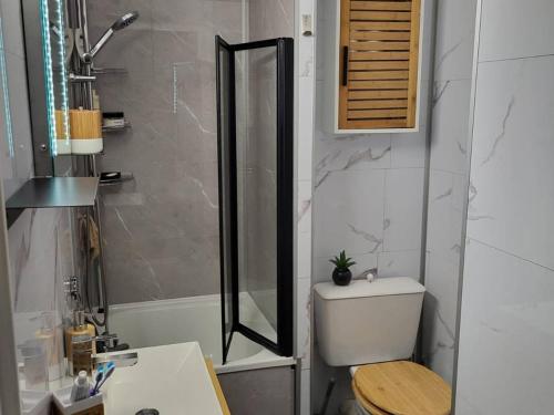 une salle de bain avec une douche, des toilettes et un lavabo dans l'établissement Appartement rénové proche plage avec terrasse et parking privé - FR-1-782-24, au Barcarès