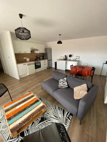 ein Wohnzimmer mit einem Sofa und einer Küche in der Unterkunft Appartement Méréa in Arès