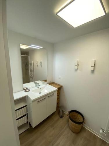 ein Bad mit einem Waschbecken und einem Spiegel in der Unterkunft Appartement Méréa in Arès