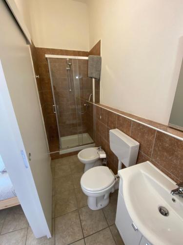 een badkamer met een toilet, een wastafel en een douche bij Affittacamere Da Pippi in Castel San Pietro Terme