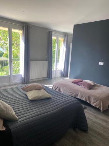 a bedroom with two beds and two windows at Location appartement 1 chambre et dépendance en sus dans un mas provençal au coeur du luberon in Cavaillon