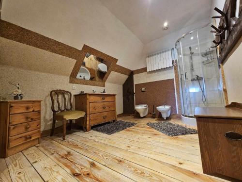 a bathroom with a shower and a toilet and a wooden floor at SielskoAnielsko k. Karpacza in Łomnica