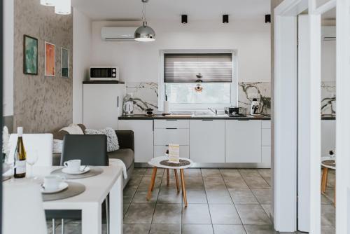 cocina y sala de estar con sofá y mesa en APARTAMENTY LAS Zator, en Zator