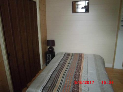 - une chambre avec un lit et une lampe dans l'établissement Résidence les Sources Mont Dore, à Mont-Dore