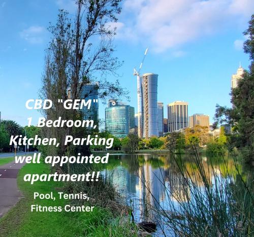 a view of a city from a river with the words cfd gem i bedroom at Urban CBD Perth A GEM 1Bedroom Apartment in Perth