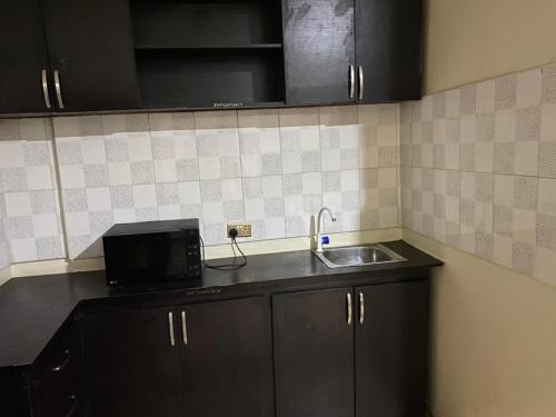 eine Küche mit einer Spüle und einer Mikrowelle in der Unterkunft Favour Place in Lagos