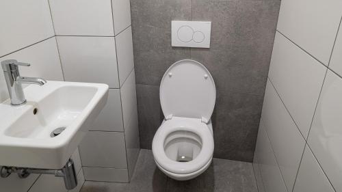 a bathroom with a toilet and a sink at Spirit apartments Brno, with parking in Brno