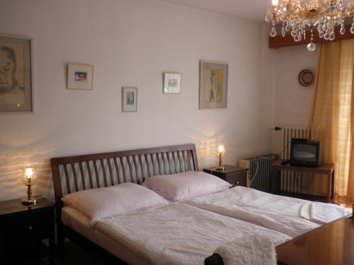 プラハにあるPension Arcadia Pragueのベッドルーム(白いシーツとテレビ付)