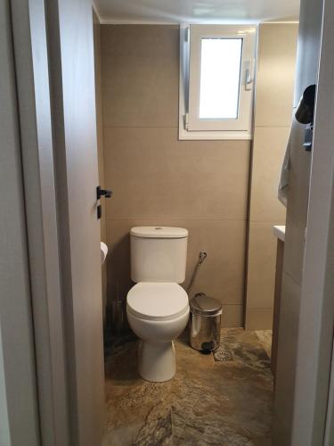 a small bathroom with a toilet and a window at Stephie's apartment by the sea in Rafina