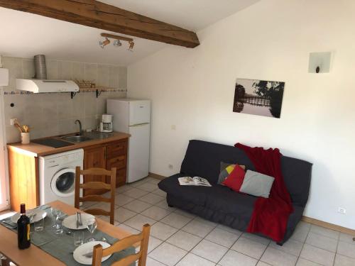 Il comprend un salon avec un canapé et une cuisine. dans l'établissement Appartment Reynes rando, nature & relaxation !, à Reynès