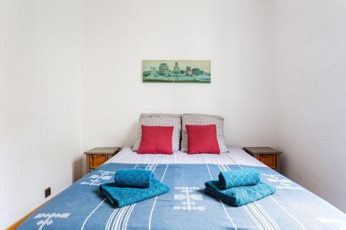 1 dormitorio con 1 cama con almohadas azules y rojas en Bel appartement aux portes de Paris, en Cachan