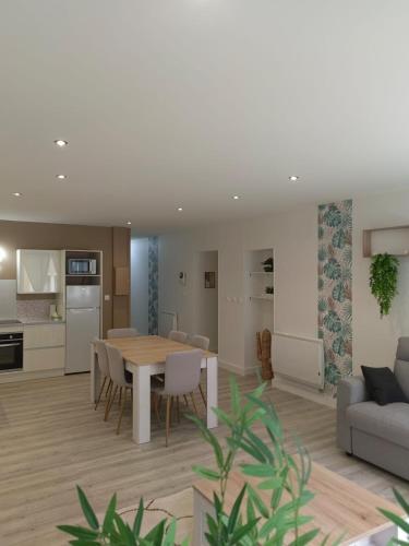 une cuisine et un salon avec une table et des chaises dans l'établissement Bel appartement bord du Rhône, à Valence