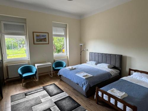een slaapkamer met 2 bedden, 2 stoelen en 2 ramen bij DANA GUEST HOUSE in Sremski Karlovci
