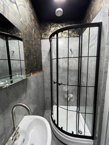 een badkamer met een douche en een wastafel bij Grozno 2 in Tbilisi City