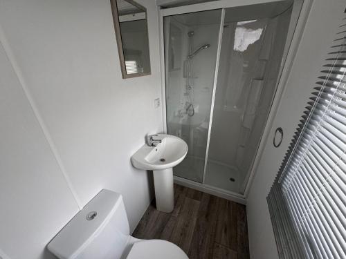 a bathroom with a shower and a toilet and a sink at Camping Oasis Middelkerke 2-slpk caravan 'New Tropical' in Ostend