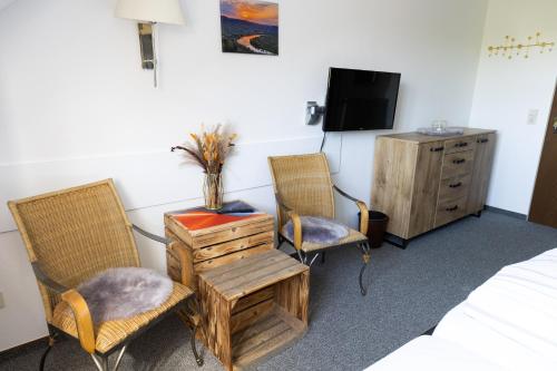 a room with two chairs and a table and a tv at Hotel Herres Alte Metzgerei in Leiwen