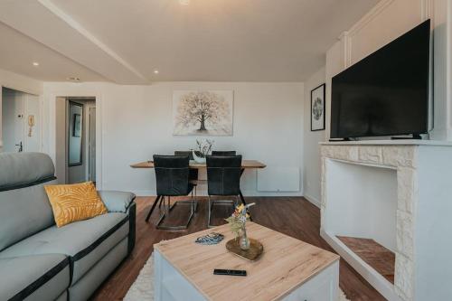 a living room with a couch and a fireplace at Appartement T3 Hyper centre Saumur in Saumur