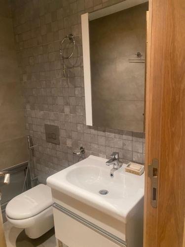 La salle de bains est pourvue d'un lavabo, de toilettes et d'un miroir. dans l'établissement Coquette appartement sahloul 4, à Sousse