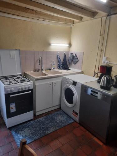 eine Küche mit einer Waschmaschine und einem Waschbecken in der Unterkunft La maison ancienne Auvergnate à Orléat in Orléat