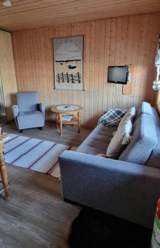 a living room with a couch and a tv at Alta River Camping in Alta