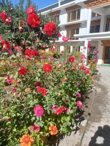 a garden of flowers in front of a building at Lyon Hotel in Leh